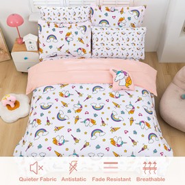Mooreeke Bed in a Bag for Kids Girls Teens, 8 Pieces Full Size Comforter Bed Set with Shams, Sheet Set and Decorative Toy Pillow, Unicorn Rainbow Super Soft Microfiber Kids Bedding Set