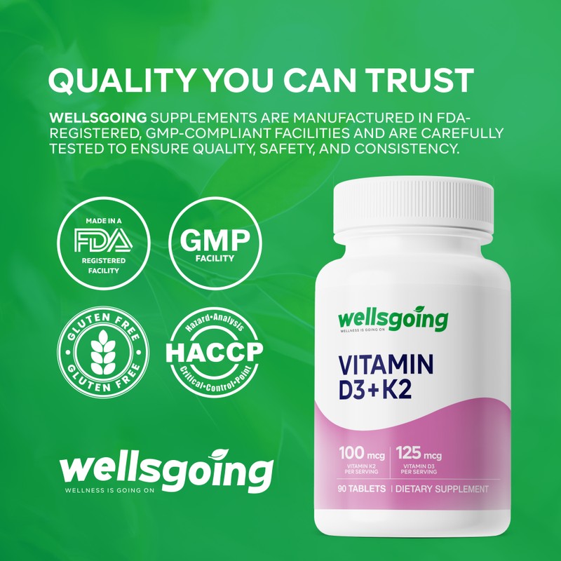 Wellsgoing Vitamin D3 + K2 Supplement, 5000 IU (125 mcg)