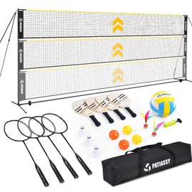 Patiassy Volleyball Badminton Pickleball 3-in-1 Combo Net Set, 5.1-7.4ft Adjustable Height Sports Nets for Backyards, Portable 17ft Outdoor Net with Carry Bag, Rackets and Balls