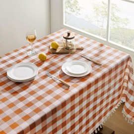 Softalker Fall Checkered Tablecloth Rectangle, Heavy Weight Linen Cotton Gingham Thanksgiving Table Cloth with Tassel, Wrinkle Free Buffalo Plaid Table Cover for Dining/Party- 55 x 70 Inch, Orange