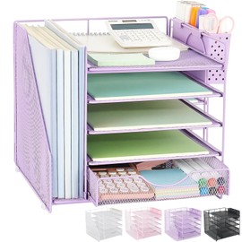 OUTIOE Desk Organizer with Drawer and Pen Holder, 5-Tier Paper Letter Tray Organizer with File Holder, Suitable for Workspace Organizer Office Supplies Storage (Purple)
