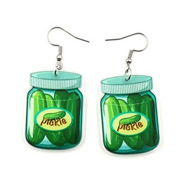 Pickle Earrings Funny Pickle Jewelry Cucumber Earrings,Weird Acrylic Drop Dangle Earrings for Snack Bar Worker,Food Lover and women-jar of cucumber