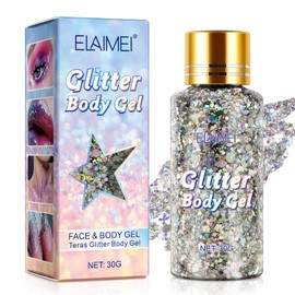 Body Glitter Gel, Glitter Holographic Chunky Gel, Mermaid Sequins Body Glitter, Glitter Liquid Eyeshadow for Face, Hair, Lips, Nails, Make-Up, Cosmetics, Festival, 30 g (Silver)