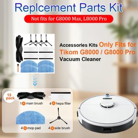 13 Pc Accessories Kit Compatible with Tikom G8000/G8000 Pro Robot Vacuum Cleaner, Replacement Parts Including 1 Main Roller, 4 Side Brush, 4 Hepa Filter, 4 Mop Cloths(not fits for G8000 Max)