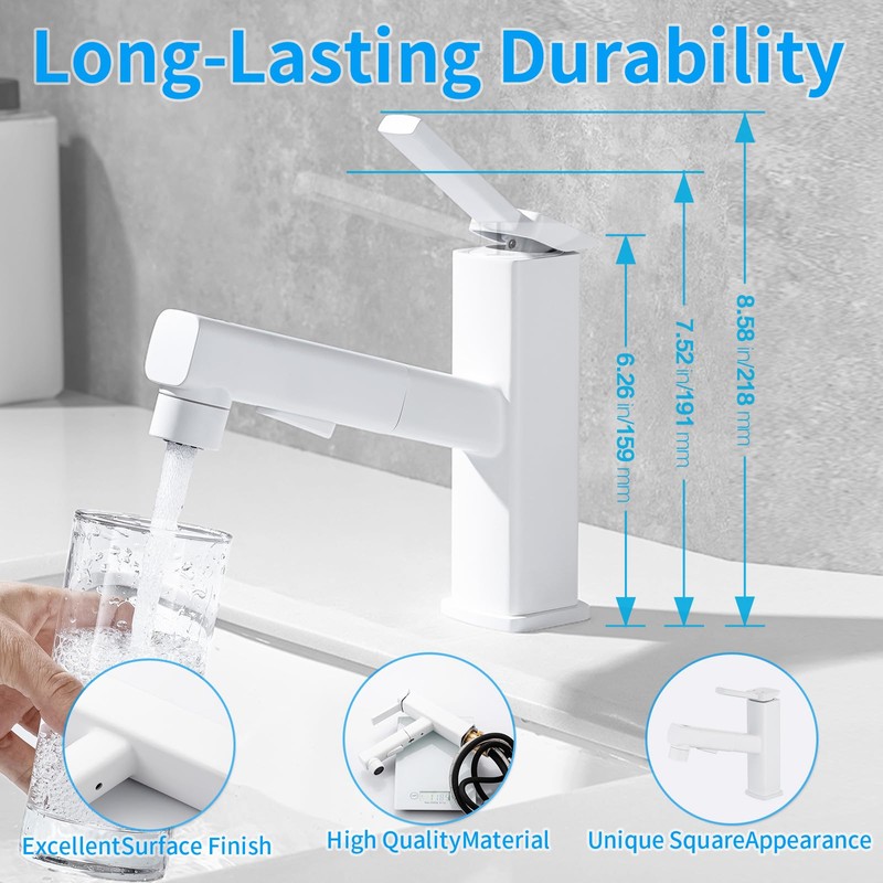 HANLIAN Single Hole Bathroom Pull Out Faucet with Rotating Spout,