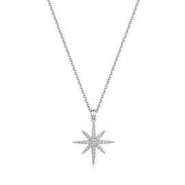 JOOLS by Jenny Brown - Sterling Silver Small North Star Pendant Necklace - Set With Brilliant Round And Princess Cut Cubic Zirconia Stones - Platinum Finished, Tarnish Free