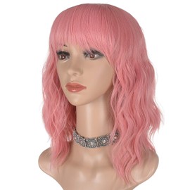 Morvally Short Pink Wavy Bob Wig with Bangs for Women 16 Inches Natural Synthetic Hair Wavy Wigs