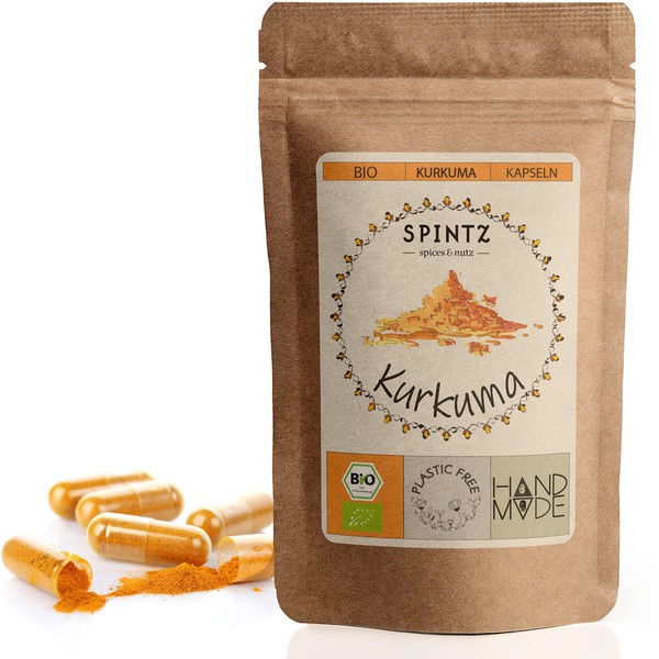 SPINTZ Pack of 210 Organic Turmeric Capsules - 620 mg Turmeric Powder per Capsule - Powder Made of Ground Curma, Yellow Root - High Dose - Vegan and 100% Natural | Plastic-Free Packaging