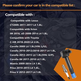 FFFauto Set of 4 Ignition Coil Pack and Iridium Spark Plugs Compatible with Toyota Corolla 2009-2018 Matrix Prius C-HR & Lexus CT200h 2011-2017 Replaces# UF596 96339