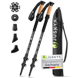 Juskys Nordic Walking Poles - 2 Aluminium Telescopic Hiking Poles, Lightweight & Extendable, Men and Women, with Rubber Buffer & Bag, Cork Handle - Black