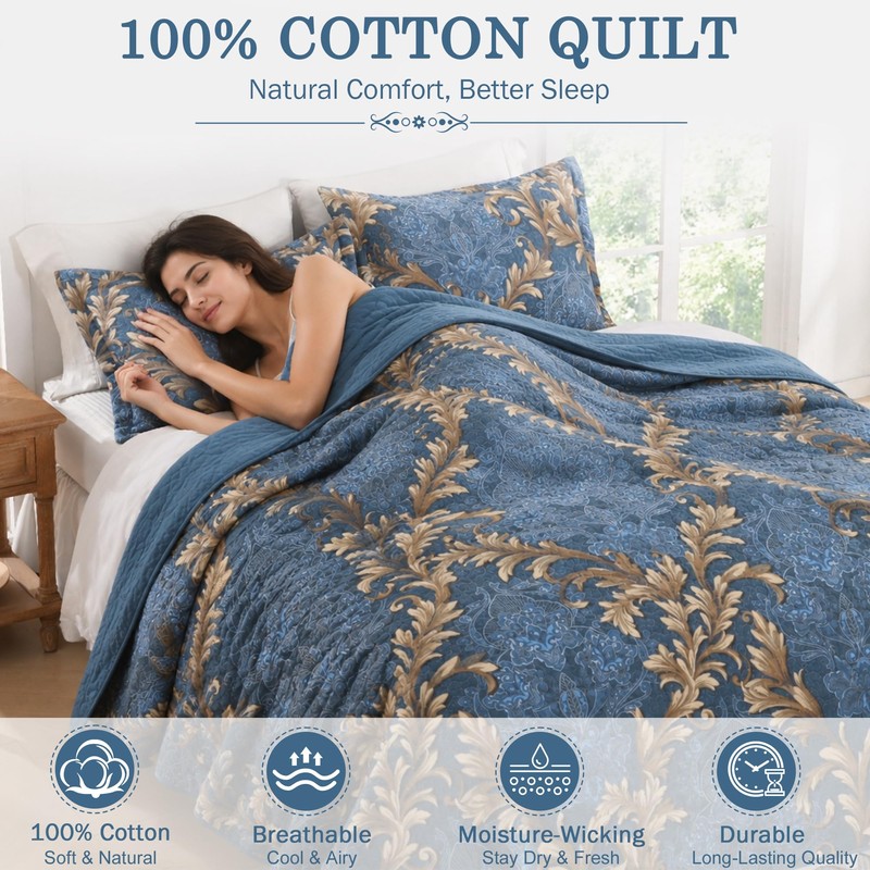 Qiqiong 100% Cotton Elegant Floral King Quilt Set, Denim Blue