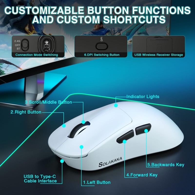 SOLAKAKA SM850 Wireless Gaming Mouse, 24000 DPI, 55g Lightweight Mouse