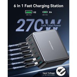 270W USB C Charger Block, Rocoren 6 Port Multi USB-C Charging Station,100W PD Fast USBC Gan Charger Station Hub Dock for Multiple Devices, Laptop Type C for MacBook/iPhone 16/iPad/Galaxy S25
