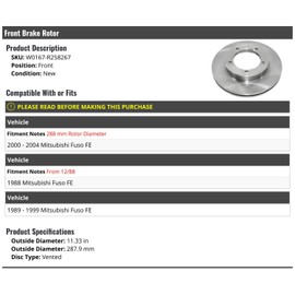 Marketplace Auto Parts Front Brake Rotor - Vented - Compatible with 1988-2004 Mitsubishi Fuso FE (From 12/00/1988)