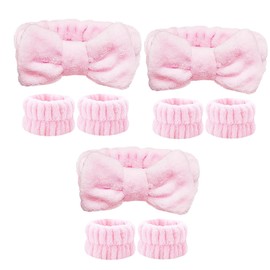 Facial Headband and Wrist Towel Set, 3 Pack Hair Bands, 3 Pairs Coral Fleece Wash Bands, Shower Accessories (Pink, 9pcs)