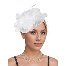 Fascinators Hats for Women Tea Party Headband Feather Ribbons Flower Headwear Cocktail Hair Clip Fascinators Headpiece for Wedding White One Size