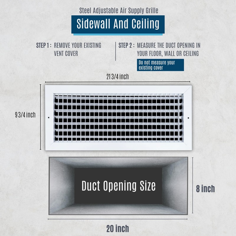 Fits 20x8 Duct Opening Steel Adjustable Air Supply Grille by