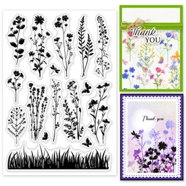 GLOBLELAND Wildflower Meadow Silhouette Clear Stamp Vintage Flowers Plants Clear Rubber Stamps Silicone Stamps for DIY Scrapbooking Photo Album Decorative Cards Making Home Decoration 6.3x4.33inch