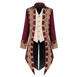 Crubelon Men Steampunk Medieval Jacket Gothic Victorian Frock Coat Uniform (Red, XX-Large)