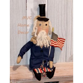 HS Decor Primitive Patriotic Doll US Uncle Sam Holding American Flag 25"
