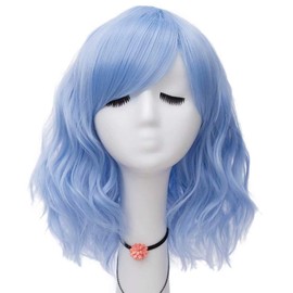 NiceLisa Women 16 Inches Loose Wave Medium Length Light Blue Cosplay Costume Wigs Side Bangs