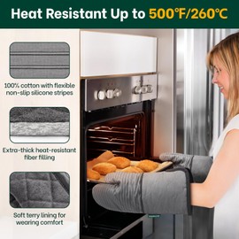 Beneno Oven Mitts, Heat Resistant Kitchen Oven Mitts with Non-Slip Silicone Stripes, Long 14.3" Cuff with Wide Opening Design, Quilted Cotton Terry Lining Comfortable & Flexible to Use, 2Pcs Gray