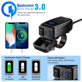 Motorcycle Charging Socket 12 V USB Socket PD Type C 30 W QC3.0 USB, Waterproof Motorcycle Socket, Socket IP65 for Boats for 12 V-24 V