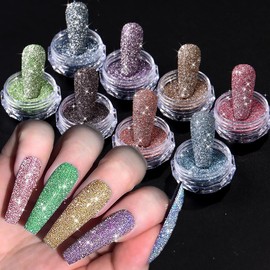 Sparkling Crystal Diamond Nail Glitter Set, 8 Colors Holographic Sparkle Glitter Dust, Flash Diamond Purple Blue Shiny Sugar Dipping Pigment DIY Manicure Nail Art Decoration(with Pink Recycling Box)