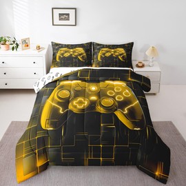 Manfei Kids Gamer Comforter Set Full Size, Black Gold Grid Game Console Down Comforter, Video Gaming Bedding Set for Boys Teens Bedroom Decor, Reversible Gamepad Duvet Insert, 2 Pillowcases