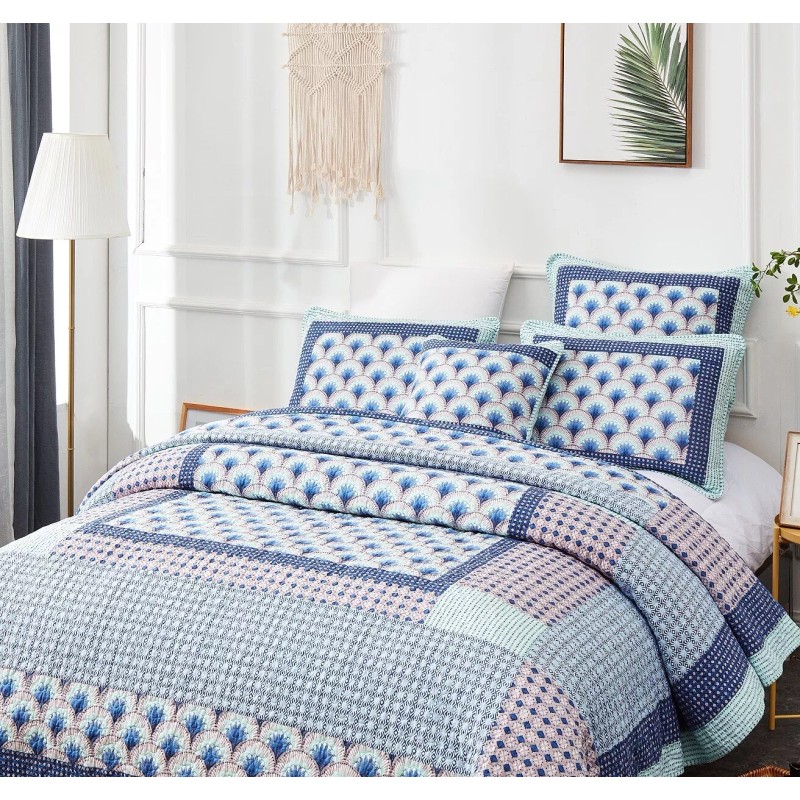 DaDa Bedding Mediterranean Fans Nautical Minty Blue Patchwork Bedspread Set