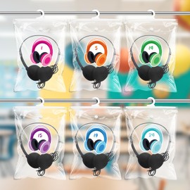 Fuyoooo 24 Pack Classroom Headphone Hook Hanging Storage Bags 7.8 x 11 Inch PVC Clear Plastic Organizer Bags with Headphone Digital Stickers Reusable Waterproof Storage for Classroom Library Hanger