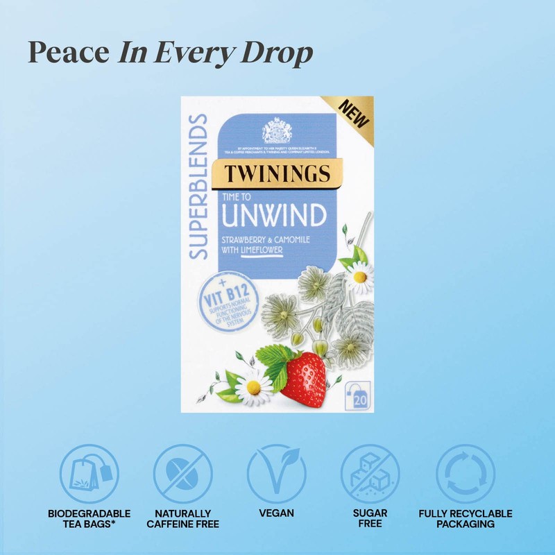 Twinings Superblends Unwind Tea - Strawberry Herbal Tea Infusion with