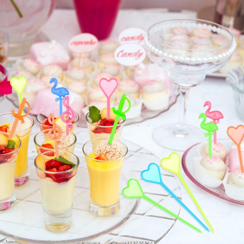 Hysagtek 200 Pcs Plastic Fruit Cocktail Appetizer Drinks Skewers Flamingo/Heart/Music