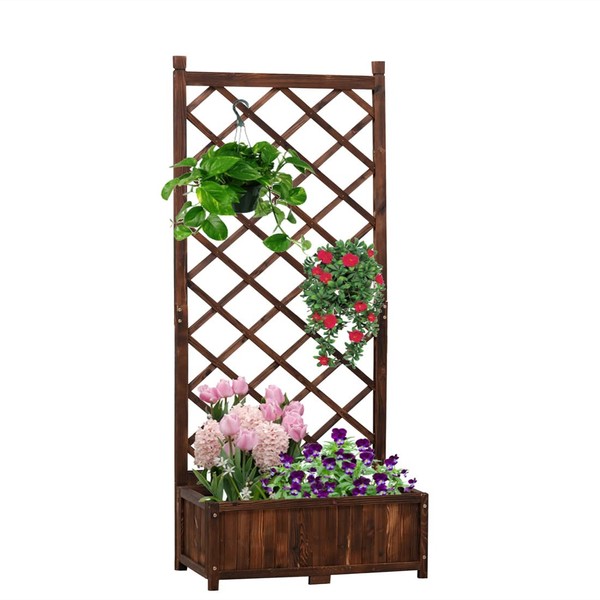 Anraja 67in Rustic Planter Box with Trellis Raised Garden Bed Wood Outdoor for Plants