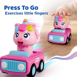 iPlay, iLearn Press to Go Unicorn Car Toys for Toddler 1-3, Baby Racing Car