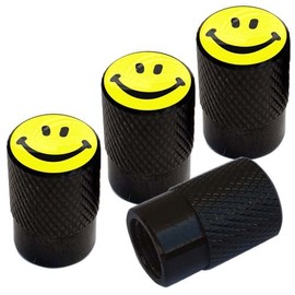 Tricktoppers Vivid Black Anodized Billet Aluminum Tire Wheel Valve Stem Dust Caps for Cars Trucks Trailers SUV's RV's Motorcycles Bikes and More (Set of 4) Yellow Happy Smile Face
