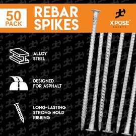 Rebar Stakes - 14 Inch Metal Spikes for Asphalt 1/2 Inch Diameter - 50 Pack Ground Stakes Heavy Duty for Speed Bump, Wheel Stop - Threaded Galvanized Steel Stakes - Rebar Support Estacas de Metal