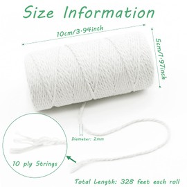 Benvo 656 Feet Cooking Twine Kitchen Cotton String 2mm Bakers Twine Natural Jute Twine 2 Ply String Rope Cord Wrapping, Ornaments, Baking, Butchers, Sausage, DIY Arts and Crafts-White