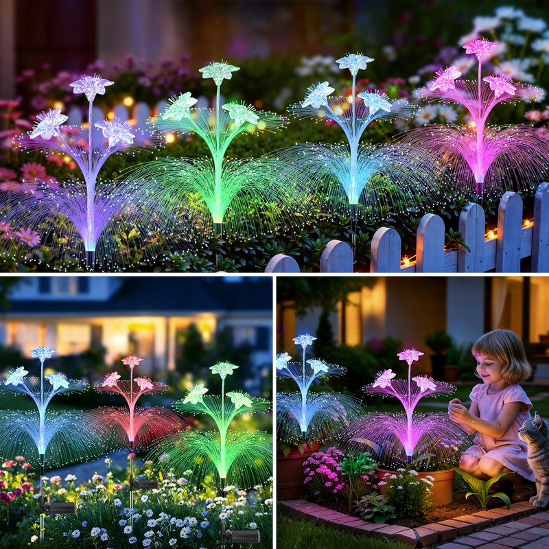 BEIDOULU Solar Lights Outdoor 2 Pack, Fiber Optic Flower Solar