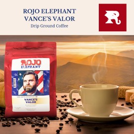 Rojo Elephant Vance's Valor Handcrafted Ground Coffee, 100% Arabica Beans, Toasted Coconut, Rich Dark Chocolate, and Vanilla Almond Flavored, 11 oz Bag