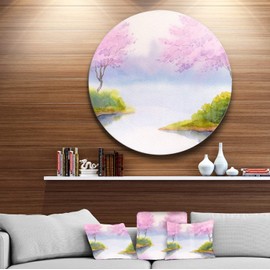 Designart Flowering Trees Over River Landscape Metal Artwork-Disc of 36 inch, 36x36-Disc, Pink/Green