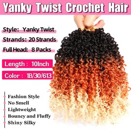 Yanky Twist Crochet Hair - 10 Inch 8 Packs Pre-twisted Spring Twist Ombre Passion Twist Crochet Hair for Black Women (OT1B/30/613#, 10 Inch (Pack of 8))