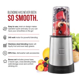 Chefman Personal Ultimate Kitchen Blender, Quick Portable Blending of Shakes, Smoothies, Baby Food & Juice, 2 Travel Cups, Cover & Drinking Rim, 6-Piece Set, Dishwasher-Safe Stainless-Steel Blade