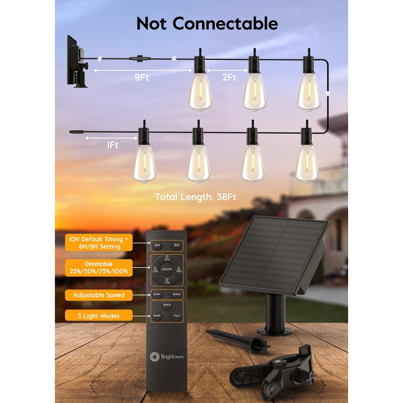 Brightown Solar String Lights Outdoor - 38FT Patio With Remote,