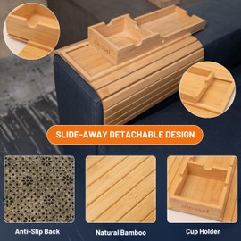 Bamboo Sofa Armrest Tray with Detachable Cup Holder – Foldable Anti-Slip Sofa Table Armrest Tray for Drinks, Snacks, Remotes & Phones – Universal Fit Couch Cup Holder Organizer, Easy to Clean (Bamboo)