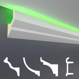 HEXIM LED Stucco Moulding Strips – Indirect Lighting with Ceiling Strips Made of Polyurethane (PU), Light and Opaque (2 m LED 9) Decoration Corner Spot Indoor