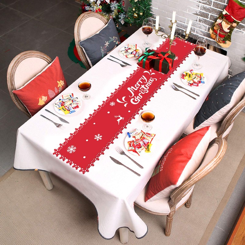HOWAF Merry Christmas Reindeer Snowflake Table Runner Red Christmas Table