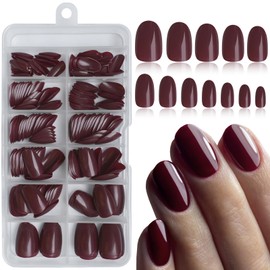 LoveOurHome 240pc Short Oval Press on Nails Burgundy Fake Nails, XS Oval Press on Nails Short Glue on Nails Wine Red Acrylic Nail Press ons False Nail Tips Artificial Fingernails with Adhesive Tabs