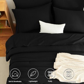 CozyLux Queen Comforter Set - 7 Pieces Seersucker Bed in a Bag, Soft Lightweight Boho Bedding Set with All Season Comforters Queen Size, Sheets, Pillowcases & Shams, Black Queen