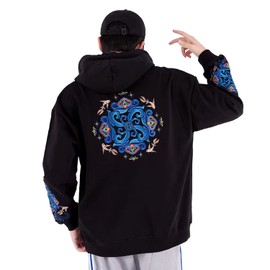 MFCT Japanese Streetwear Pond of Fish Embroidered Graphic Hoodies for Men (US, Alpha, Medium, Regular, Regular, Standard, Black3)